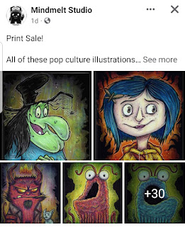 A phone screenshot of a Facebook post by Mindmelt Studio (Mark Gagne) showing a variety of Halloween type pop culture characters.