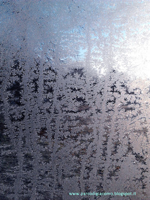 Il finestrino di un'auto con il vetro ghiacciato all'alba
