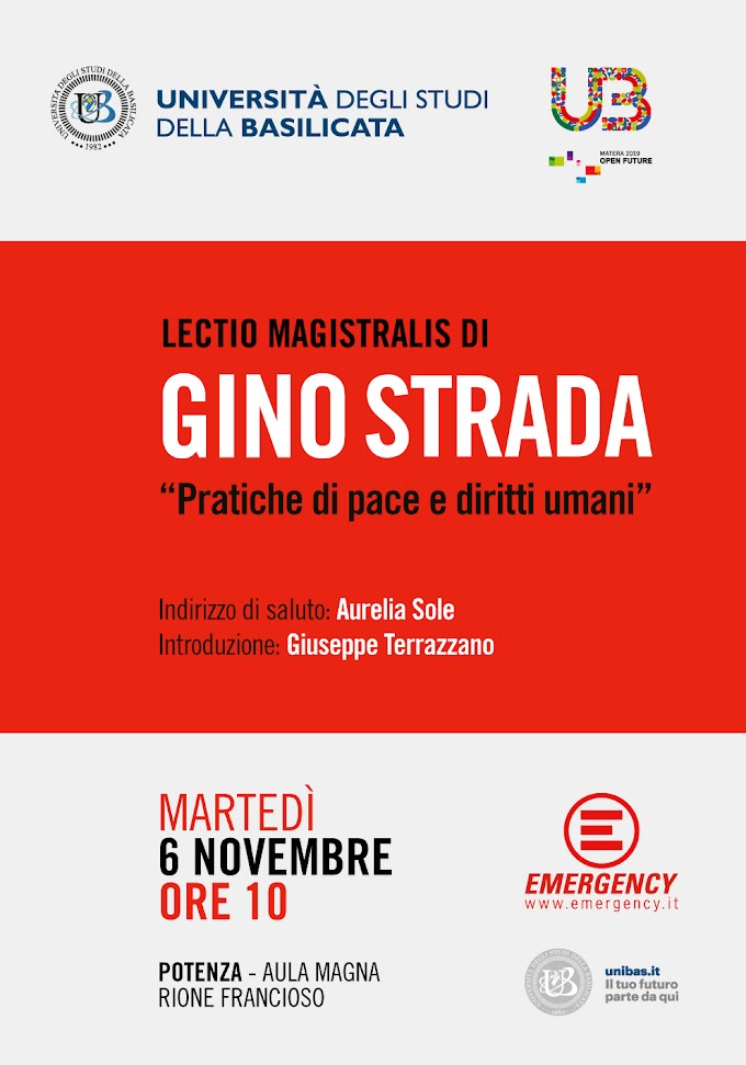 Unibas: il 6/11 Lectio di Gino Strada a Potenza su 'Pratiche di pace e diritti umani'