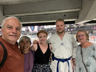 Lotte, Erik, Marie, Carol and me standing inside the Gigantium arena where Erik was scheduled to compete in Taekwando