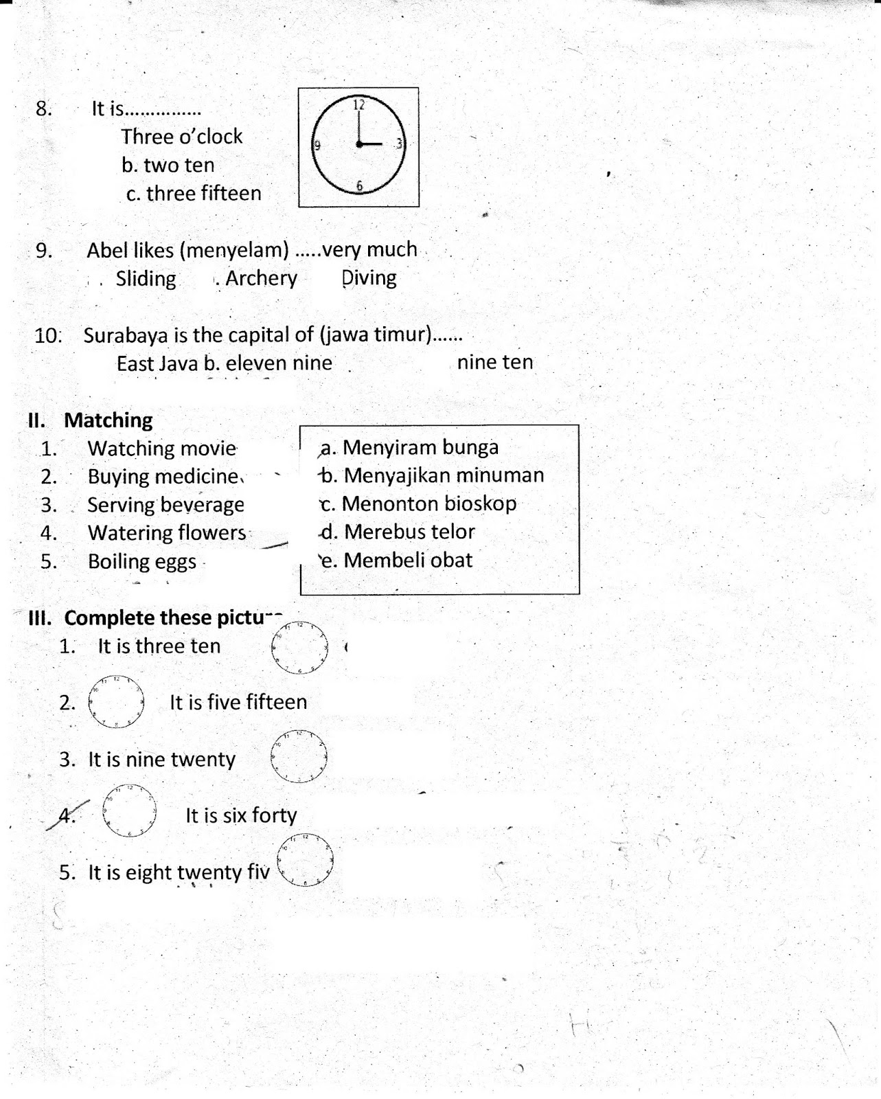 Ulangan Harian 1 Bhs Inggris SD Kelas 3 TA 2015 2016 Semester Genap