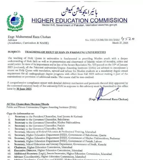 Notification of Teaching of Holy Quran in Pakistani Universities