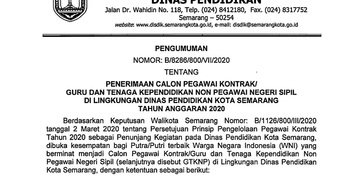 Lowongan Kerja Lowongan Kerja Non PNS dilingkungan Dinas Pendidikan Kota Semarang  2020  April 2024