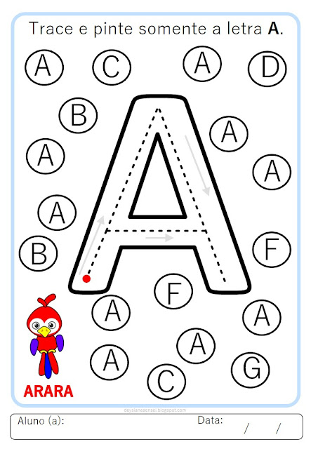 Alfabeto bastão para tracejar colorir imprimir com figuras em pdf. Deysiane Sensei