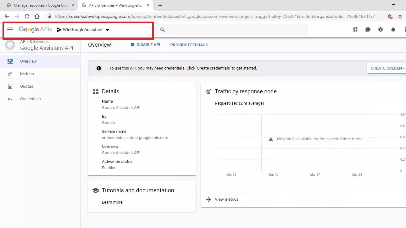 Assistant API screen with Create Credentials button visible