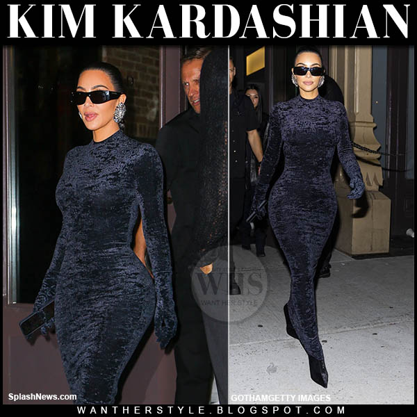 Kim Kardashian in black crushed velvet dress and boots
