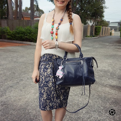 awayfromblue instagram | summer pleated ruffle cami and lace pencil skirt outfit with navy tote bag