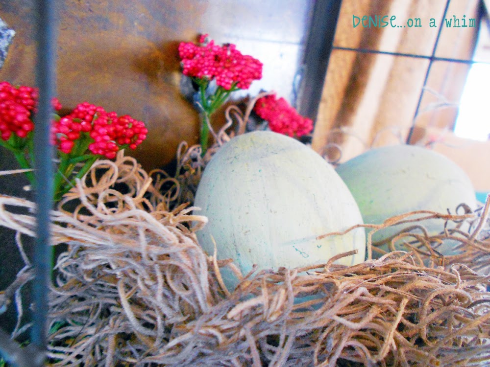 Painted Paper Mache Eggs in a Nest of Spanish Moss via http:///deniseonawhim.blogspot.com