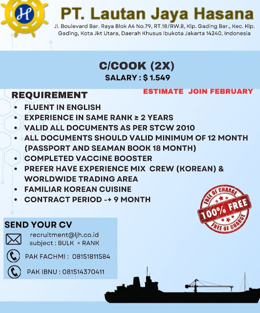 Need Chief Cook Salary Up to USD 1500 Join February 2024