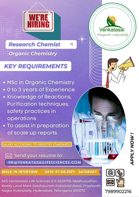 Job Availables, Venkatasai Life Sciences Walk-In Interviews for Freshers & Experienced Msc Organic Chemistry