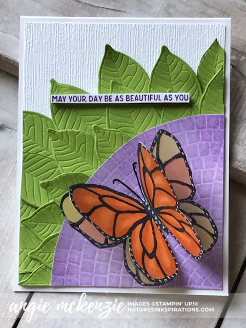 Handmade by Angie McKenzie for Global Creative Inkspirations; Click READ or VISIT to go to my blog for details! Featuring the Beautiful Day Stamp Set, Nature's Roots Dies, Mosaic Embossing Folder, Subtles Embossing Folder; #beautifuldaystampset #inspiredbynature #futteringbutterfly #stampinupinks  #fauxoxidetechnique #fussycutting #friendshipcards #cardtechniques #coloringwithblendsmarkers