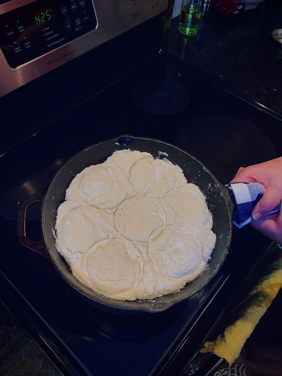 Drop Biscuits in cast iron skillet ready for baking