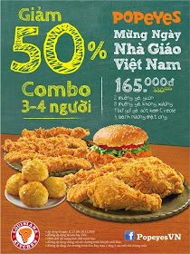 Gà rán Popeyes giảm 50% mừng nhà giáo Việt Nam