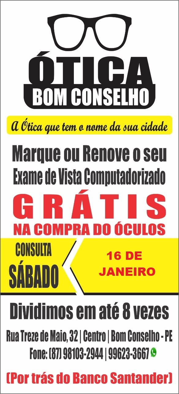 TEM CONSULTA DE VISTA DE GRAÇA NO PRÓXIMO DIA 16/01