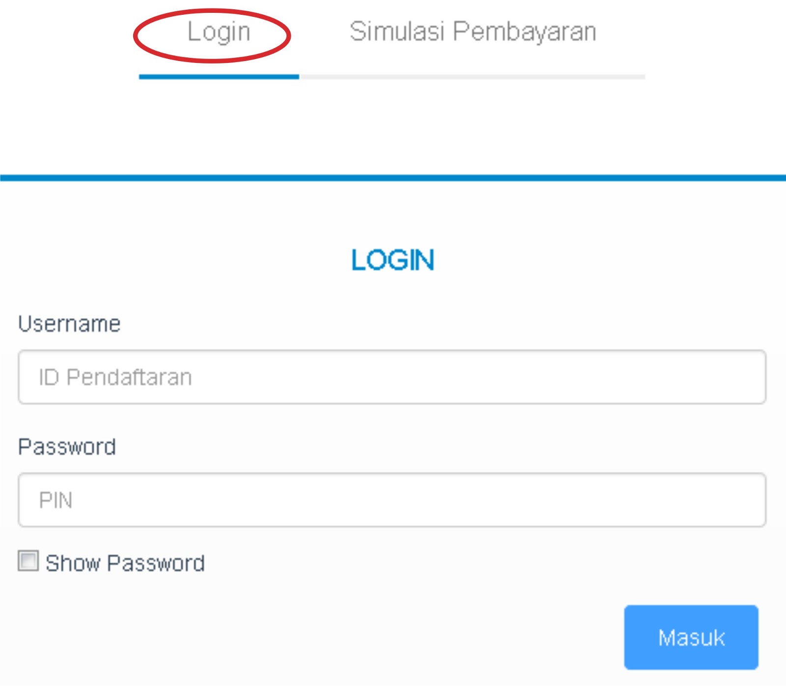 Silahkan login menggunakan ID pendaftaran dan Password yang didapatkan setelah melakukan pendaftaran