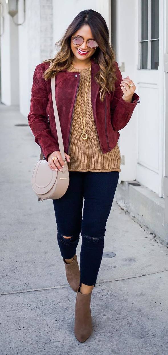 trendy fall outfit: maroon jacket + knit + bag + rips + boots