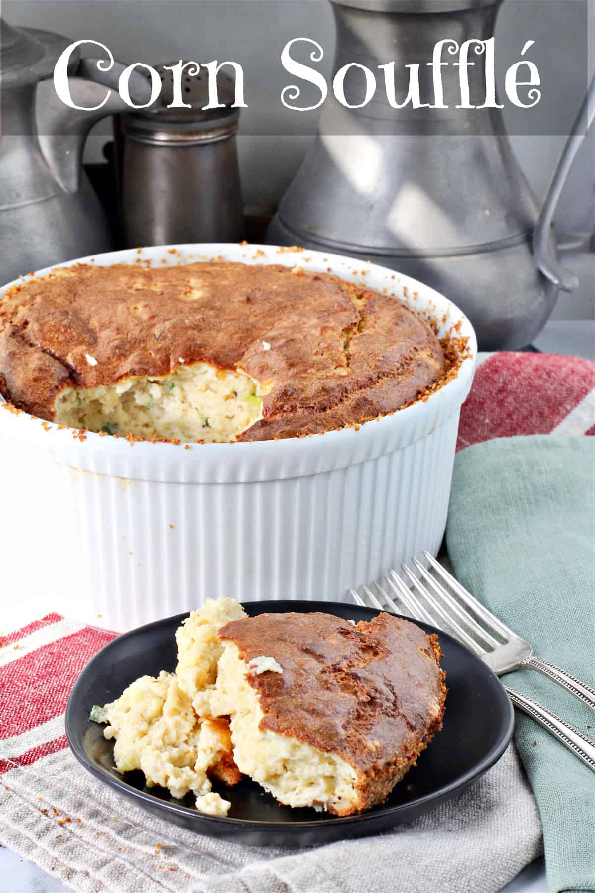 Corn Soufflé in the dish with a plate in front with one serving.