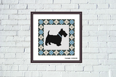 Blue argyle Scottish Terrier cute dog cross stitch pattern
