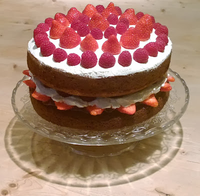 Raspberry ripple, elderflower and almond cake