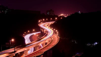 Night, Road, Lights, Bridge, Long Exposure