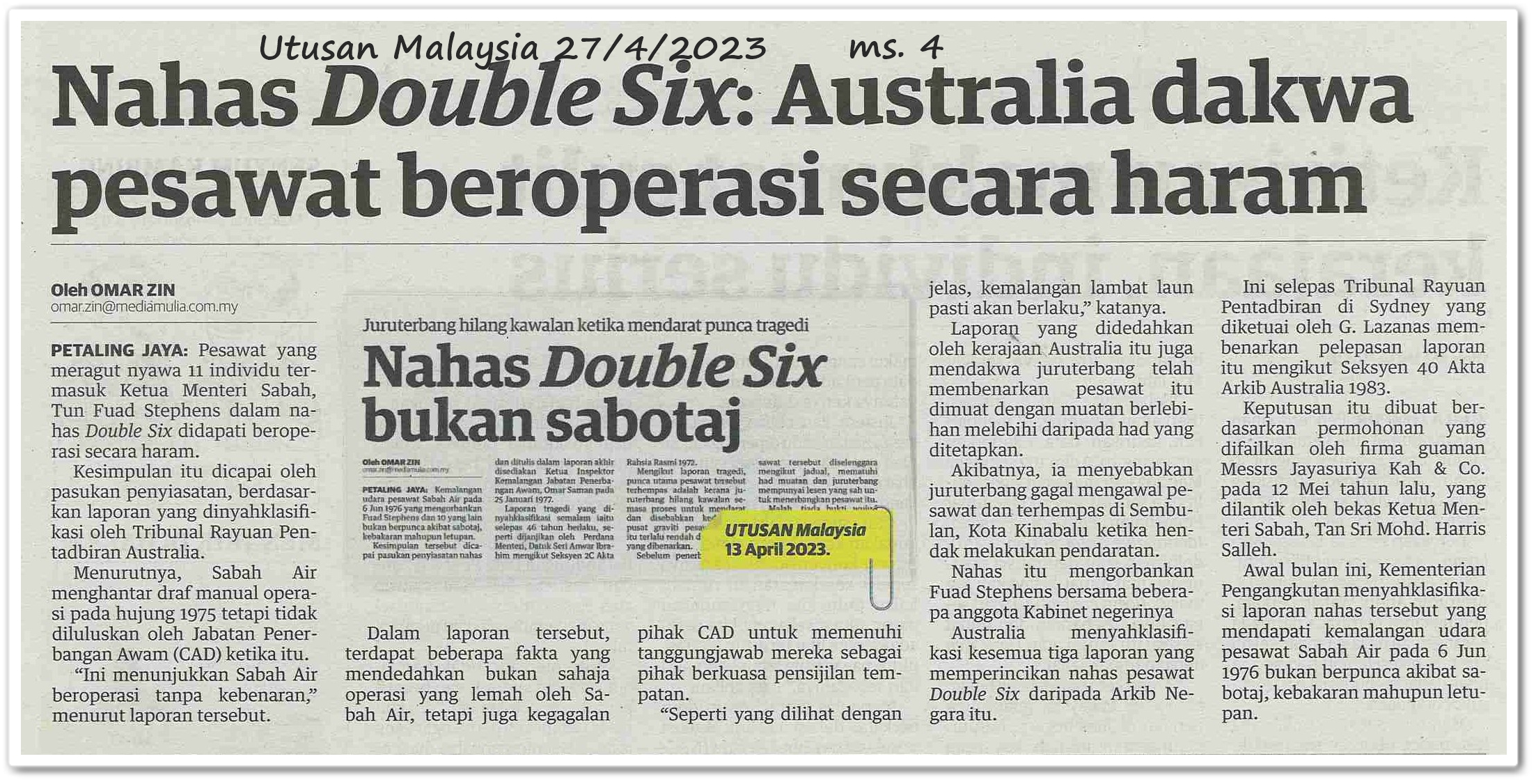 Nahas Double Six : Australia dakwa pesawat beroperasi secara haram - Keratan akhbar Utusan Malaysia 27 April 2023