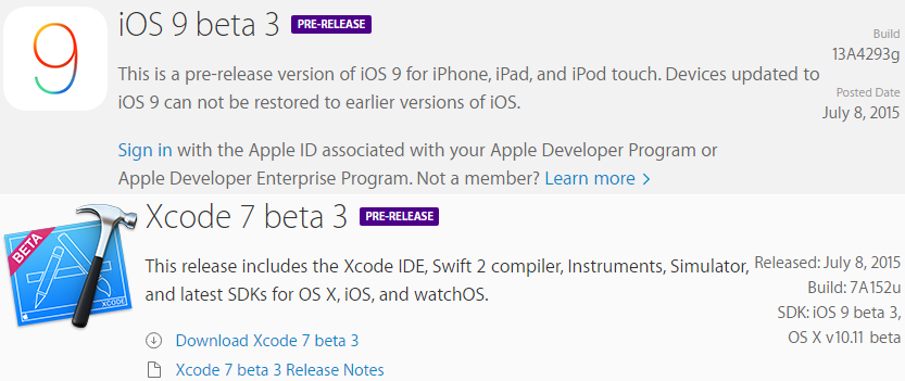 iOS 9 Beta 3 (Build-13A4293g) and Xcode 7 Beta 3 (Build-7A152u)