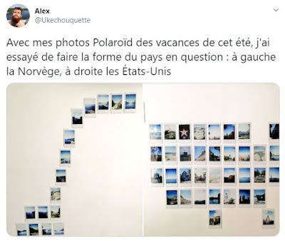 Tweet de @Ukechouquette : Avec mes photos Polaroïd des vacances de cet été, j'ai essayé de faire la forme du pays en question : à gauche la Norvège, à droite les États-Unis