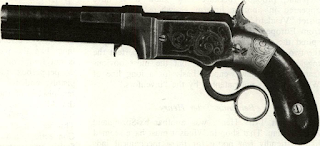 Iron frame, style treatment of handles, on Allen & Thurber pep- perbox of 1840’s made in Norwich, Conn. at shop employing also Horace Smith suggests relationship between technology Smith learned making pepper box frames, and first of the Smith & Wesson lever pistols. Small caliber S & W lever pistols have round butts, grip plates, cast frames much like Allen pepperboxes.