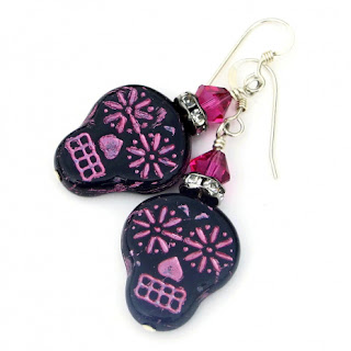day of the dead black and pink sugar skull earrings gift for her