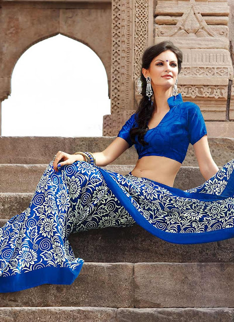 Blue Color Printed Faux Crepe Saree