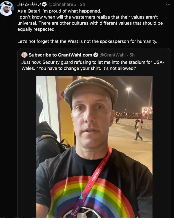A man who was wearing a shirt with an LGBTQI+ colour