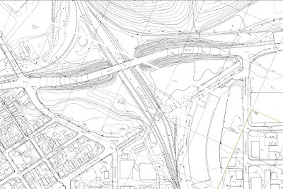 Topographic line drawing map (extract of a composite of 4 adjoining maps with edges aligned) showing the Bayview/City Centre area and the new Scott Street bridge over the CPR lines and the abutments and post footings of the former Wellington Street viaduct, plus nearby landsacpe topography and street and building outlines.