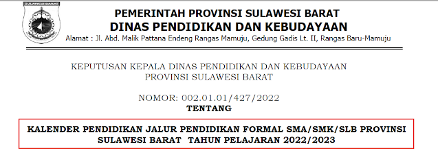 Kalender Pendidikan Provinsi Sulawesi Barat Tahun Pelajaran 2022/2023 jenjang SMA/SMK dan SMALB