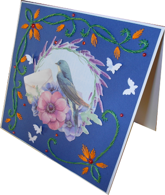 Carte en fils tendus, motif fleurs et oiseau