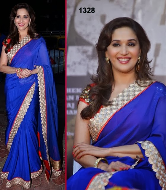Madhuri Dixit In Jade Designer Red and Blue Sari