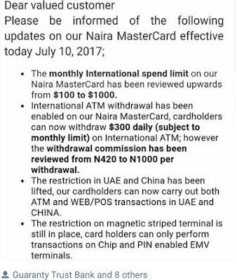 GTB Naira Master Card Limit for Foreign Transaction now $1000