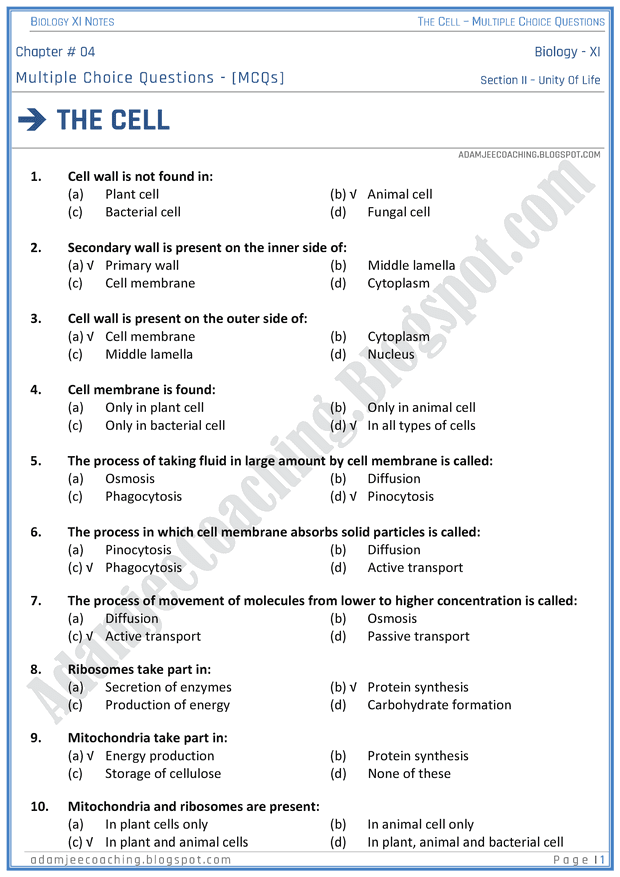 the-cell-mcqs-biology-11th