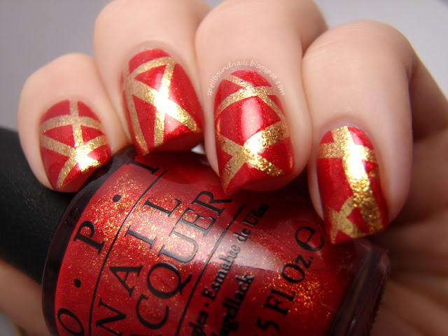 nails nailart nail art polish mani manicure Spellbound Happy New Year tape taped red gold glitter shimmer James Bond The Spy Who Loved Me Goldeneye OPI Skyfall Collection metallic flaky flakies holiday 007