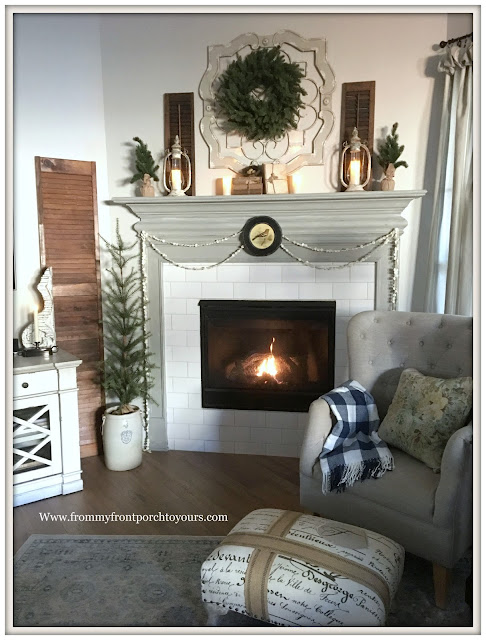 Winter Mantel-French Country-Farmhouse-French Ottoman-Chimney Lanterns-Buffalo Check blanket-From My Front Porch To Yours