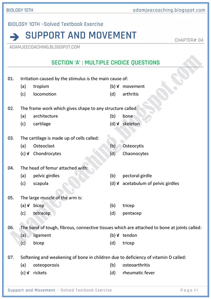 support-and-movement-solved-textbook-exercise-biology-10th