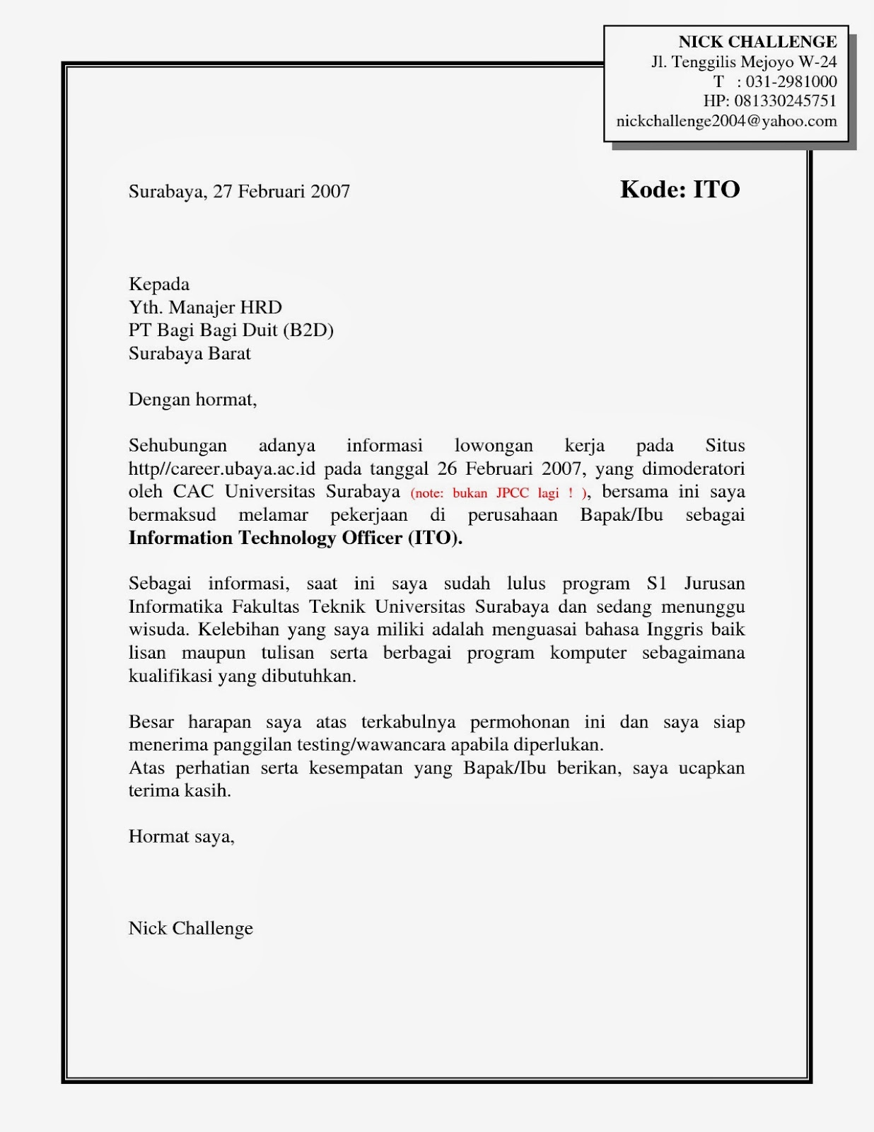 Contoh Cover Letter Bahasa Indonesia - Contoh 193