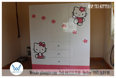 Tủ áo 3 cánh - 3 buồng - rộng 1m5 trang trí Hello Kitty và hoa tiện ích