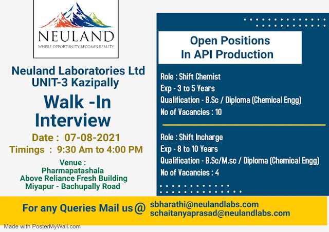 Job Availables, Neuland Laboratories Walk-In Interviews for Diploma Chemical/ Bsc/ Msc