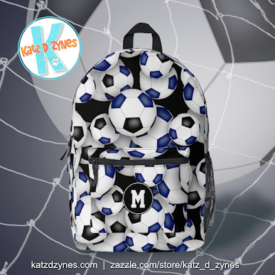 blue black soccer balls pattern backpack