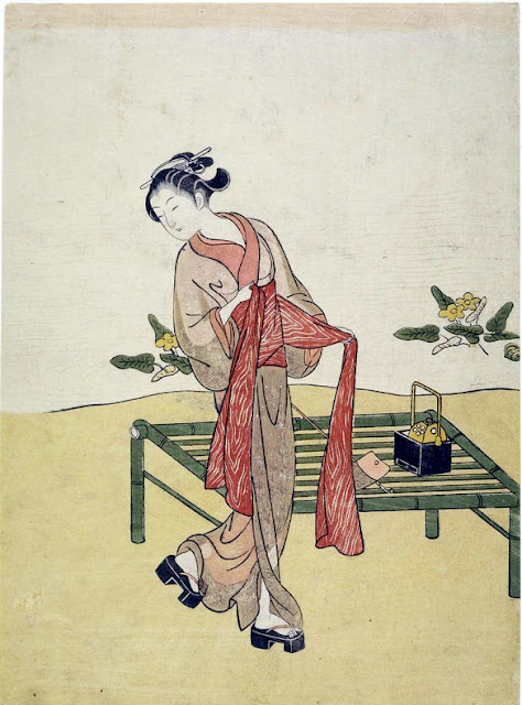 Ukiyo-e. Surimono. Träsnitt. E-goyomi. Harunobu.