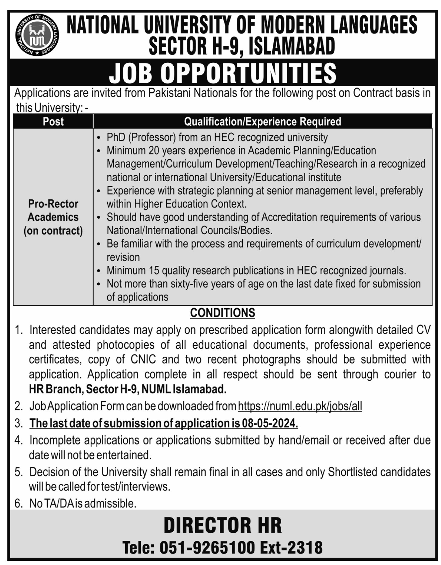 National University of Modern Languages NUML Management Jobs In Islamabad 2024