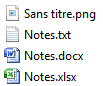 Quatre fichiers telles qu'ils se présentent dans l'Explorateur Windows. Les quatre fichiers sont nommés "Sans Titre.png", "Notes.txt", "Notes.docx" et "Notes.xlsx".