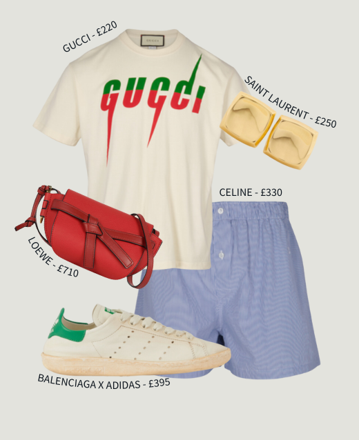 Edit of preloved luxury items to make an outfit. Outfit consists of: Gucci T-shirt with red and green logo, gold Saint Laurent earrings, red Loewe min gate crossbody, Celine pinstripe shorts and Balenciage x Adidas Stan Smiths