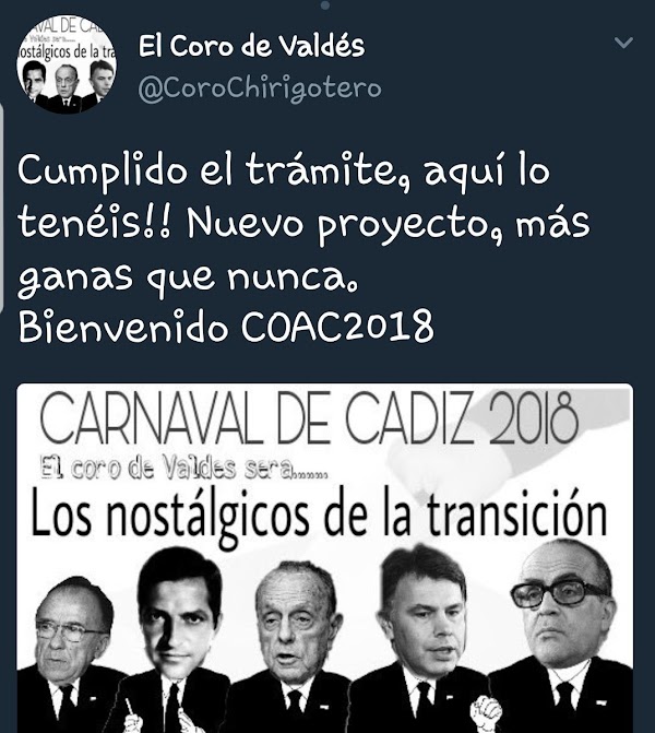 El Coro de Valdés será para el COAC 2018 'Los Nostálgicos de la Transición' 