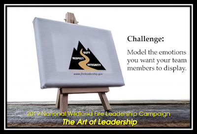 2019 National Wildland Fire Leadership Campaign - The Art of Leadership (easel with WFLDP logo and Challenge #14 - The Art of Leadership Model the emotions you want your team members to display.)